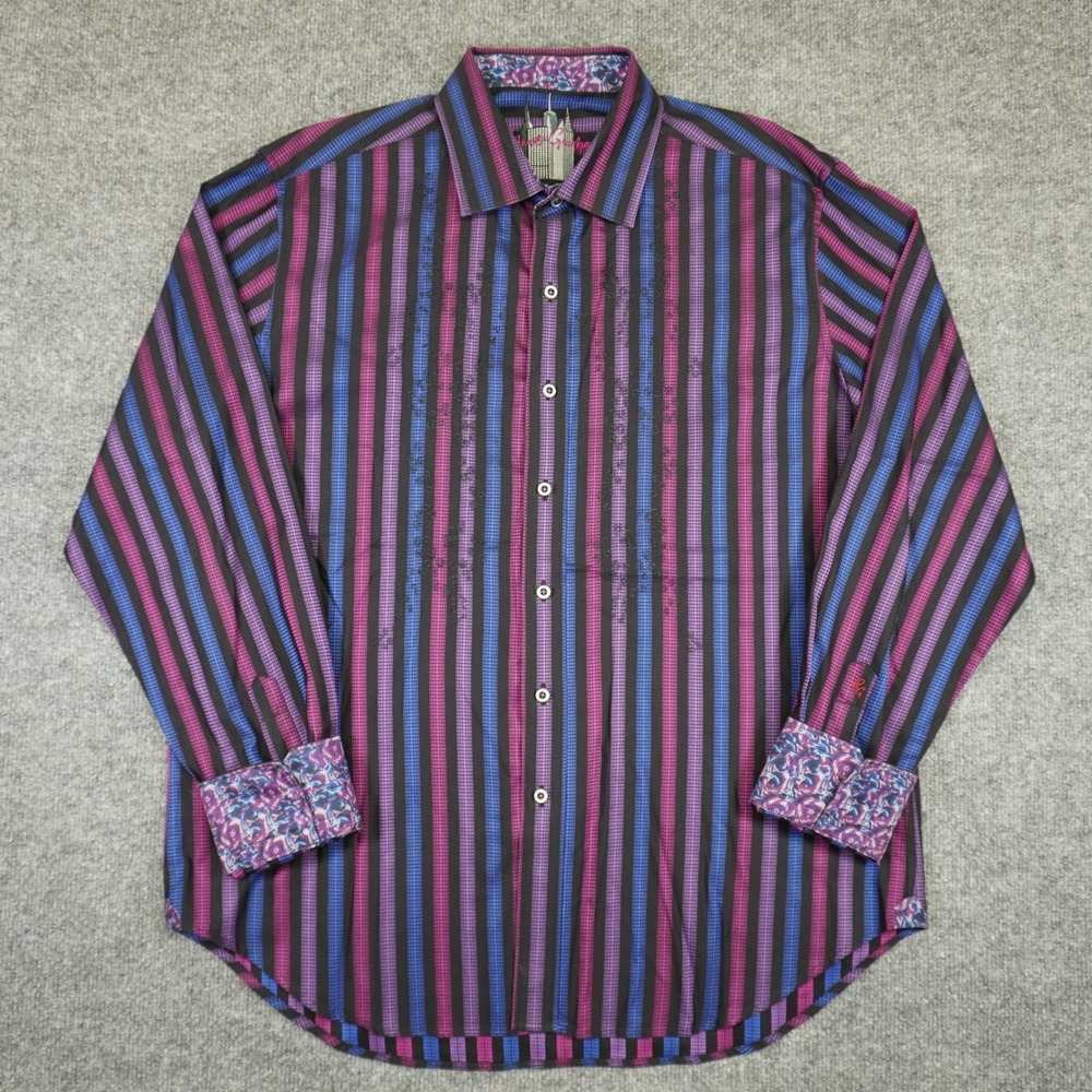 Robert Graham Button Up Shirt Mens XL Purple Blue Striped Flip Cuff Multicolor - Picture 2 of 15